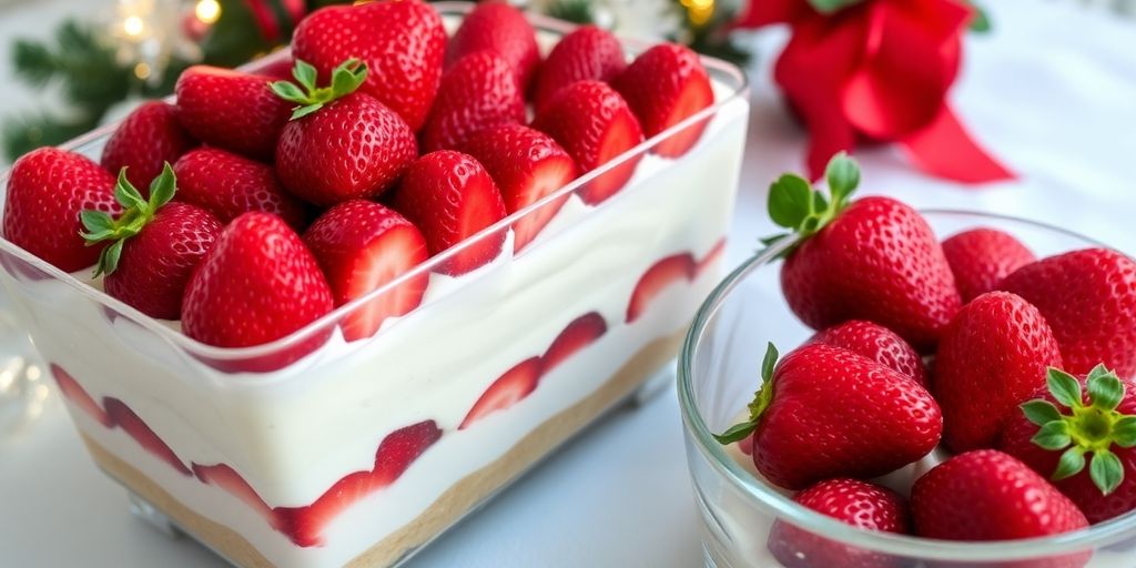 20 Receitas fáceis para ceia de natal 3 Pavê de morango com camadas de creme e morangos frescos.