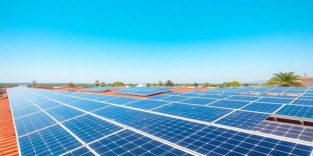 Photograph of monocrystalline solar panels on rooftops.