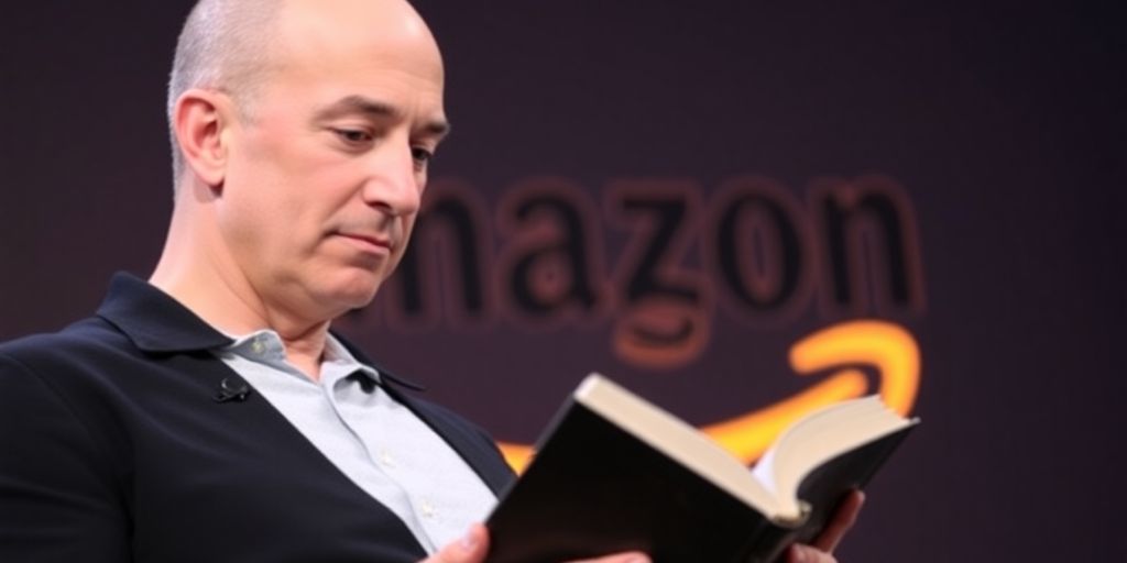 Jeff Bezos reading a book with Amazon logo.