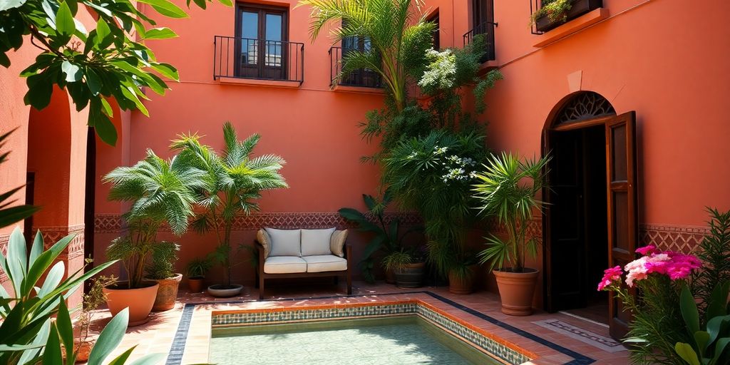 Piscine d'un hôtel charmant à Marrakech, architecture marocaine, verdure luxuriante.