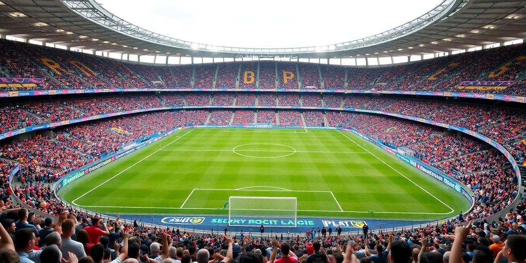 Crowd enjoying a soccer match in a modern stadium.
