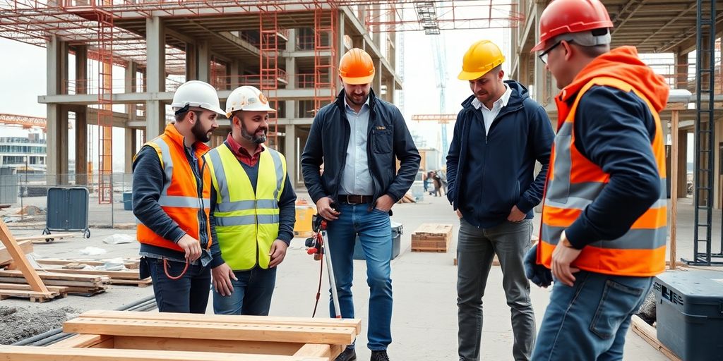 Construction workers coordinating at a busy worksite.