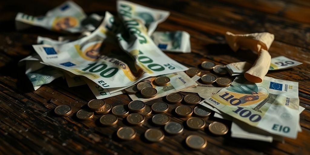 Billets froissés et pièces dispersées sur une table en bois.