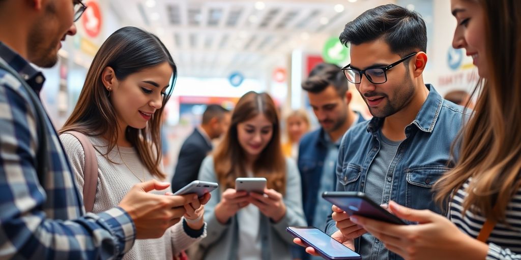 Customers using smartphones for mobile payments in a store.