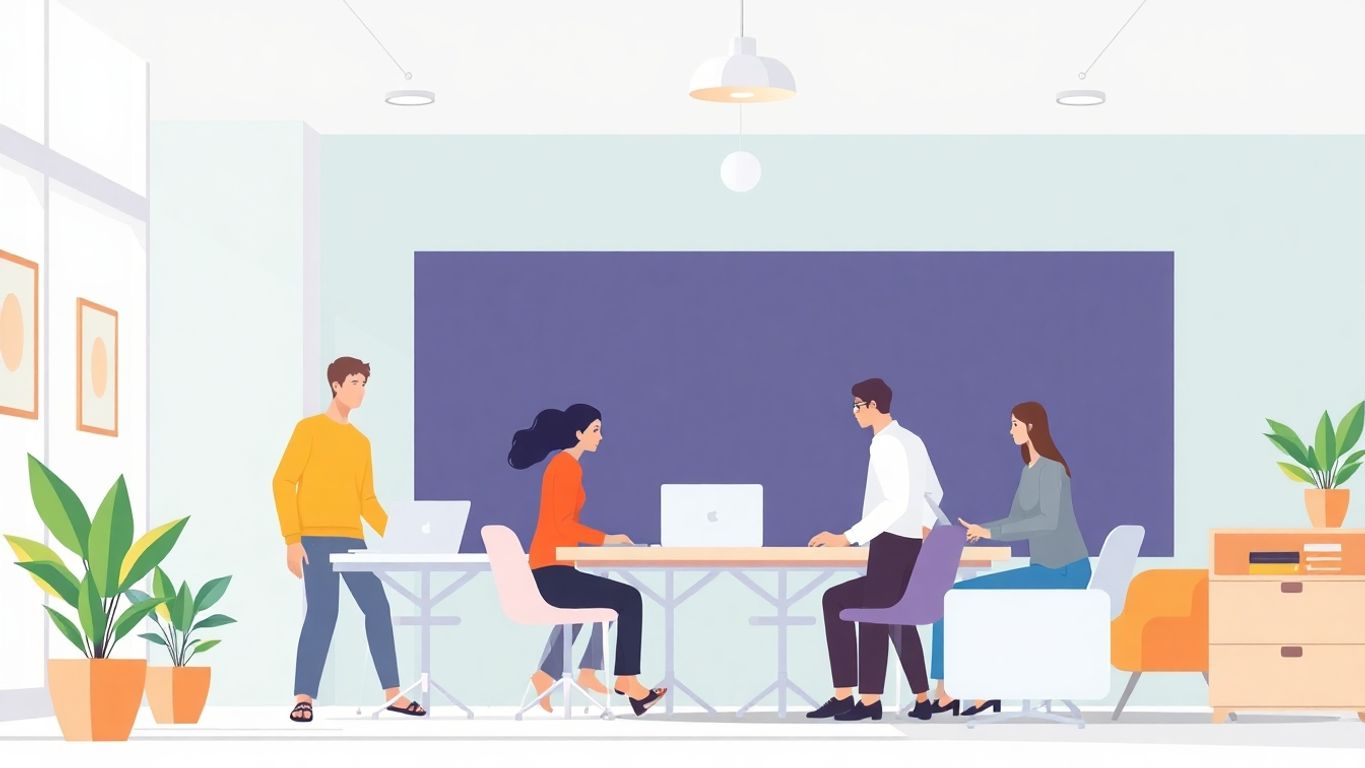Illustrasjon av gründere som jobber sammen i et kontor.