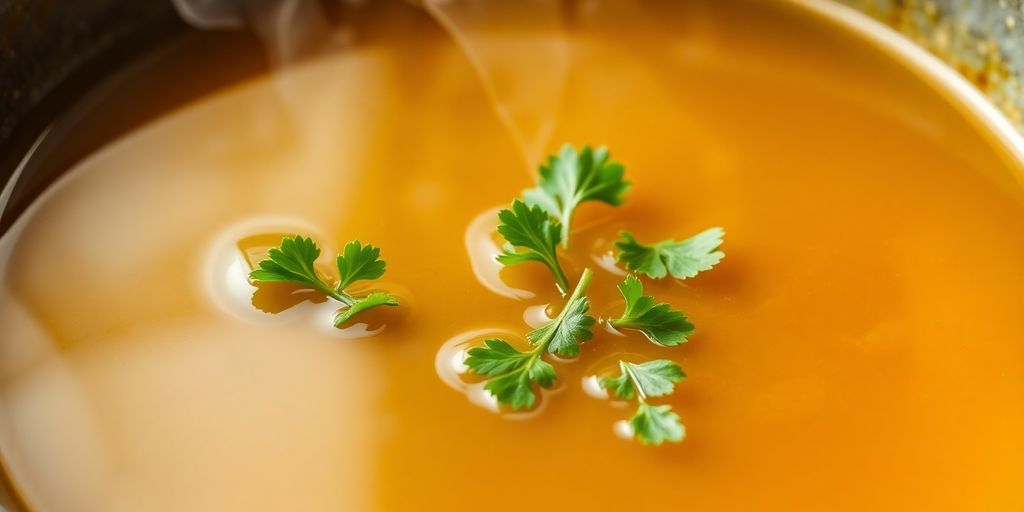 Steaming bowl of bone broth with herbs.
