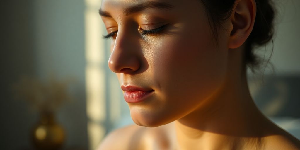 Person meditating, soft light, peaceful atmosphere.