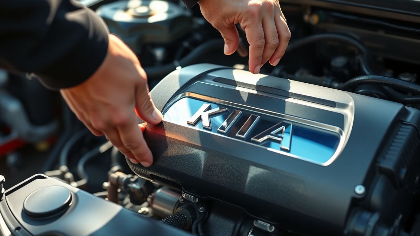 Mechanic's hands removing a clean Kia engine part.