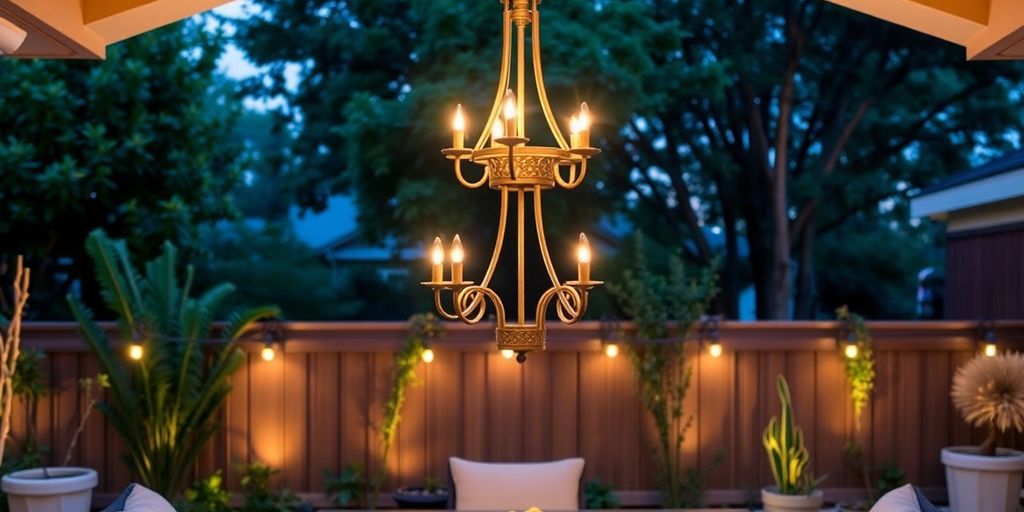 Elegant outdoor chandelier above a chic patio dining area.