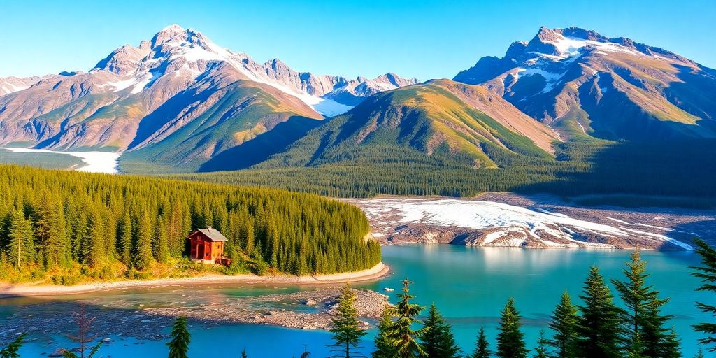 Scenic Alaska landscape with mountains and a tranquil lake.