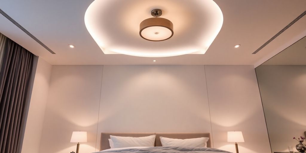 Modern bedroom with stylish ceiling lights and decor.