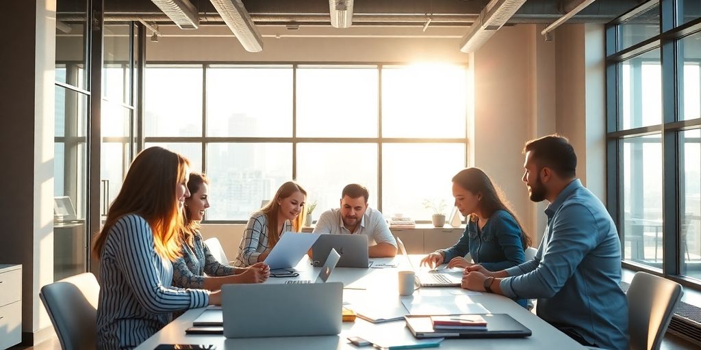 Business professionals collaborating around a table.