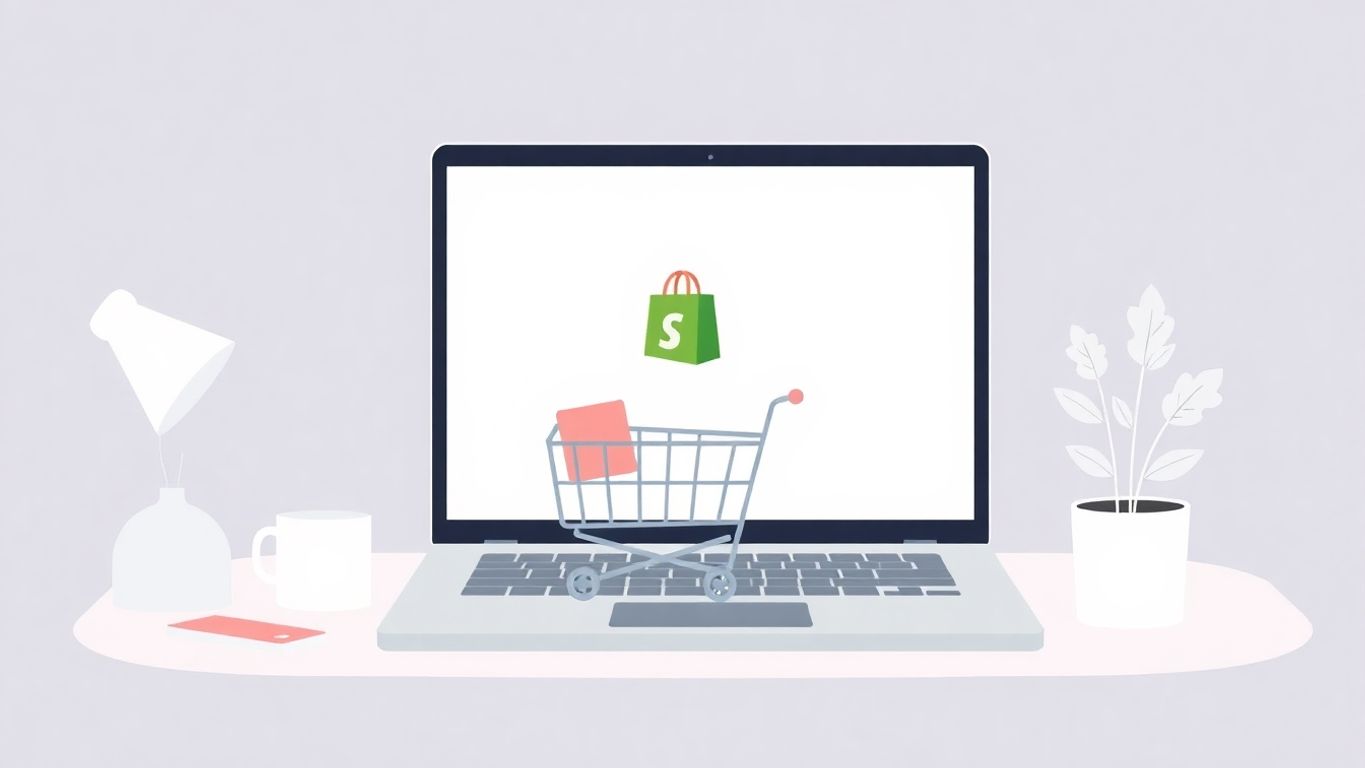 Illustrasjon av nettbutikk med Shopify og dropshipping.