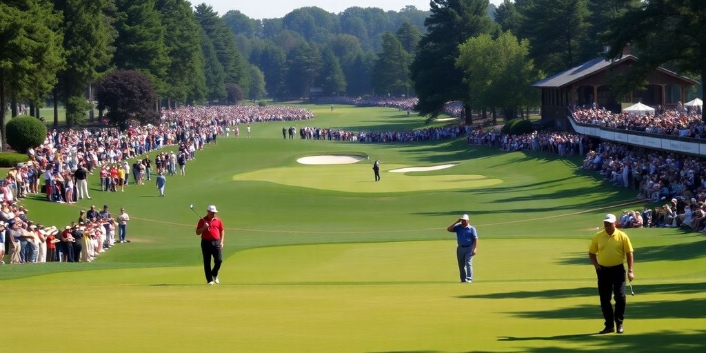 Golfers competing in a PGA Championship tournament on a course.