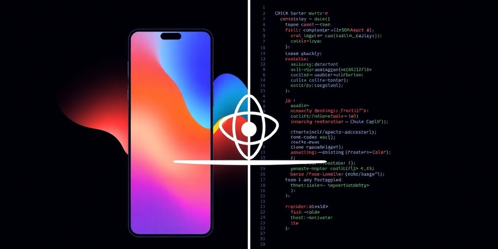 Mobile design transforming into React Native code.