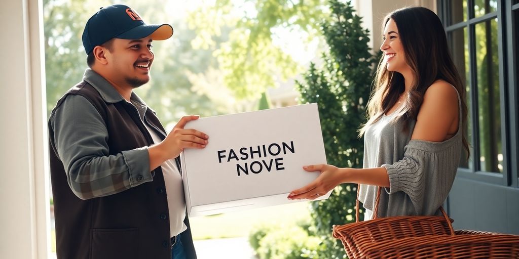Courier gives Fashion Nova package to smiling woman at doorstep
