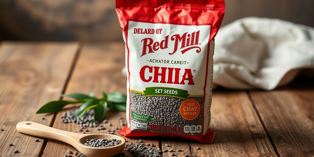 Bob's Red Mill chia seeds package on wooden table