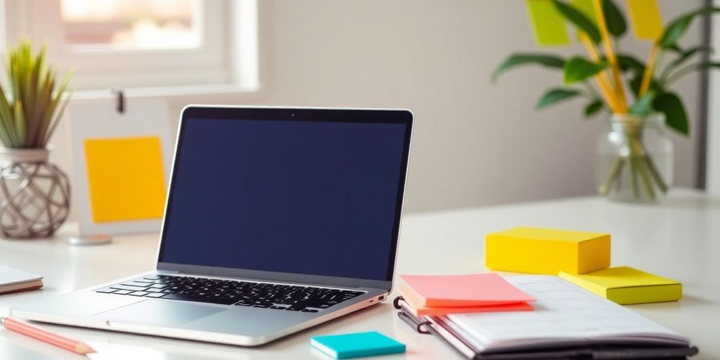 Ein organisierter Arbeitsplatz mit Laptop und Notizen.