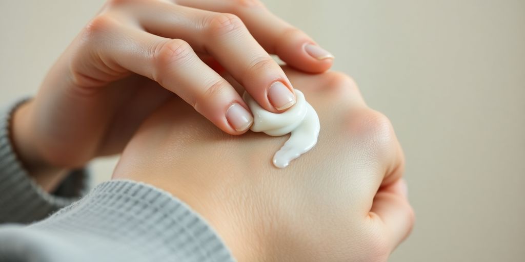 Woman gently applying lotion to an itchy arm.