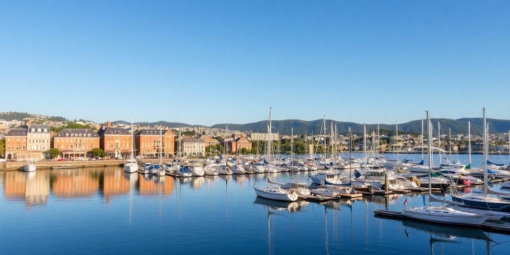 Hobart waterfront, historic buildings, active harbor.
