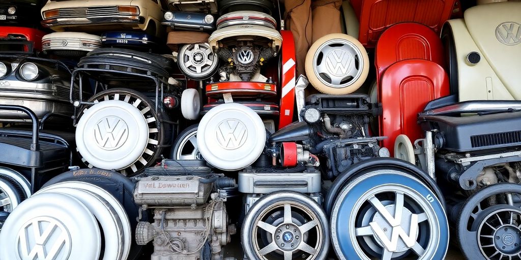 VW car parts scattered around a mechanic.