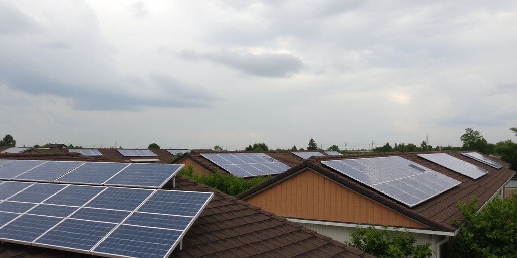Solar panels on rooftops under a cloudy sky.