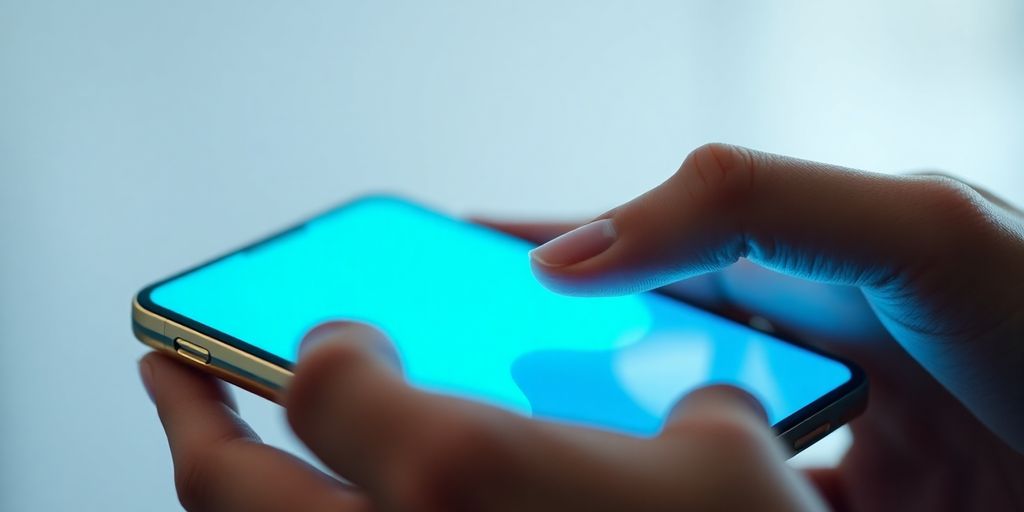 Person interacts with their phone, a glowing interface.