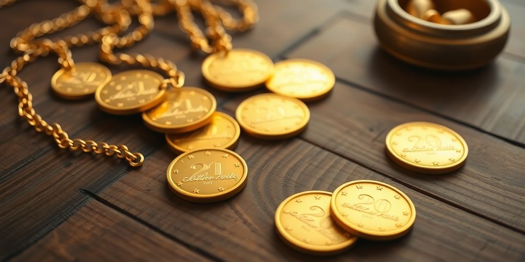 Des pièces d'or et des bijoux sur une table en bois.
