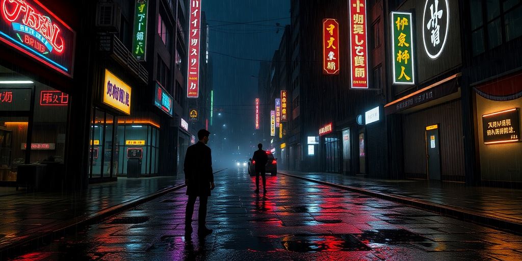 Cyberpunk city street with neon lights and a lone figure.