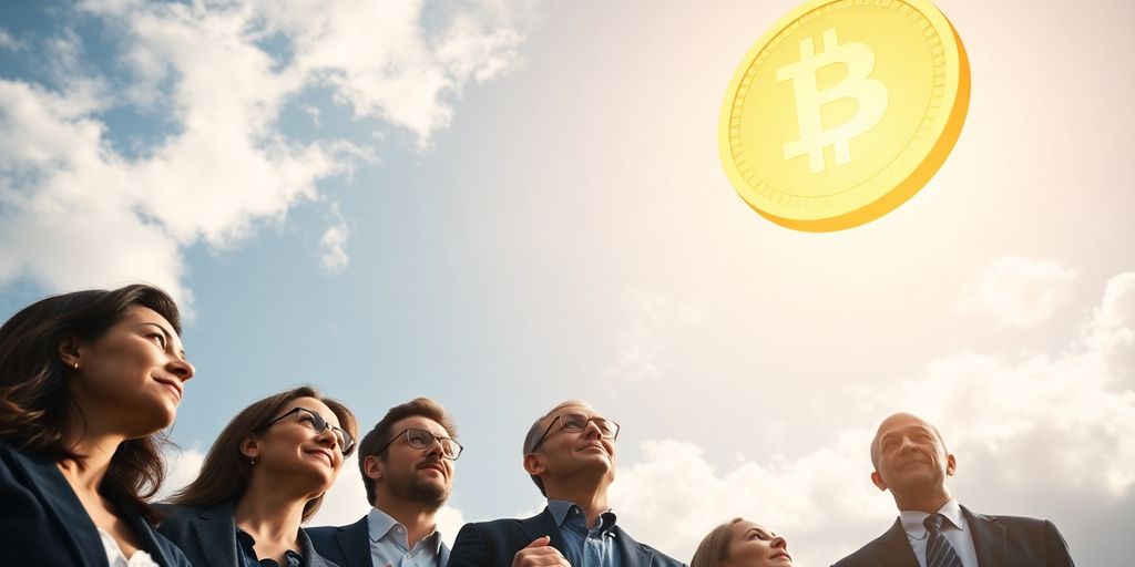 Golden bitcoin soaring towards cloudy sky