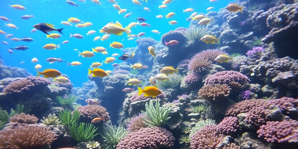 Peces marinos coloridos nadando en un acuario vibrante.