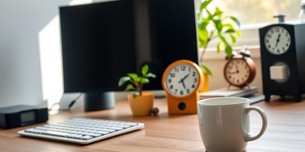 Cozy desk with computer, coffee cup, and plant.