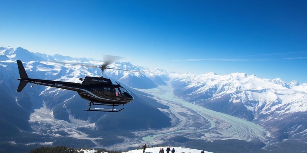 Helicopter over glaciers with hikers in Talkeetna.