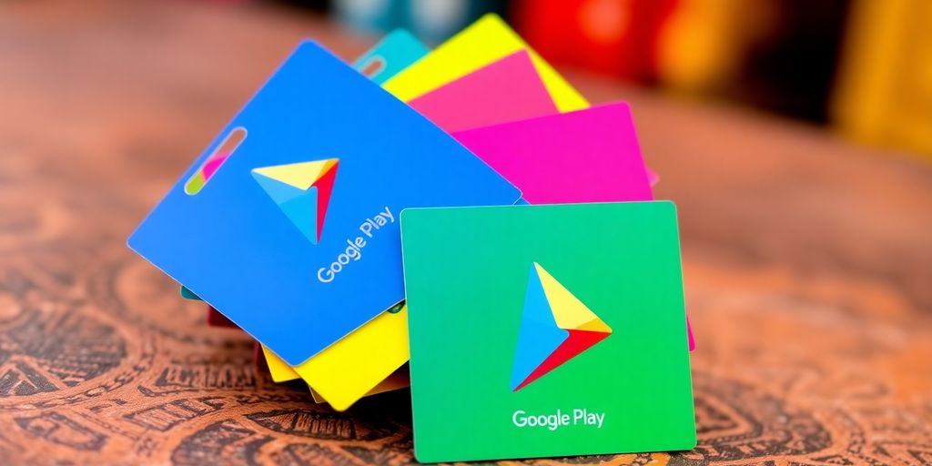 Colorful Google Play gift cards in a dynamic arrangement.