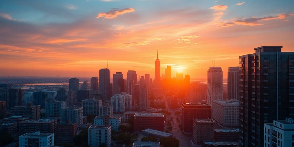 Moderne stad met vastgoed en zonsondergang.
