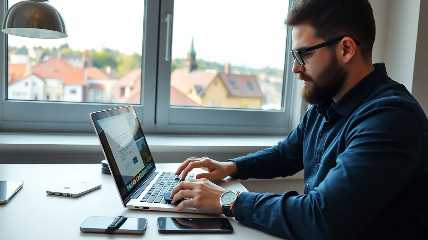 Webdesigner pracuje u notebooku v moderní kanceláři Roztoky