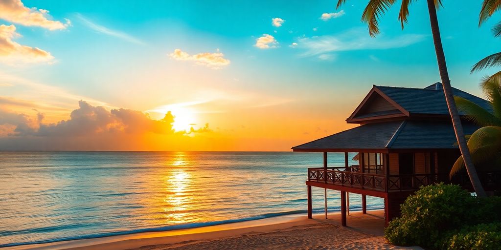 Beautiful beach house by turquoise waters in Thailand.