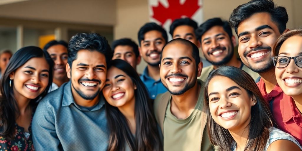 Un grupo diverso de latinos sonriendo en un entorno canadiense.