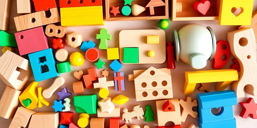 Vielfältige Montessori Spielzeuge für kreative Kinder im Bild.