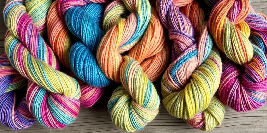 Skeins of colorful hand-dyed yarn on wooden surface.