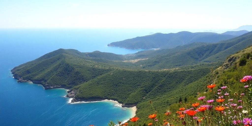 Landschaft von Sizilien mit grünen Hügeln und blauem Wasser.