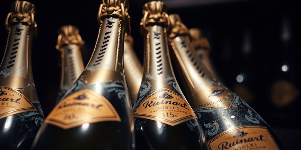 Bouteilles de champagne Ruinart dans une cave sombre