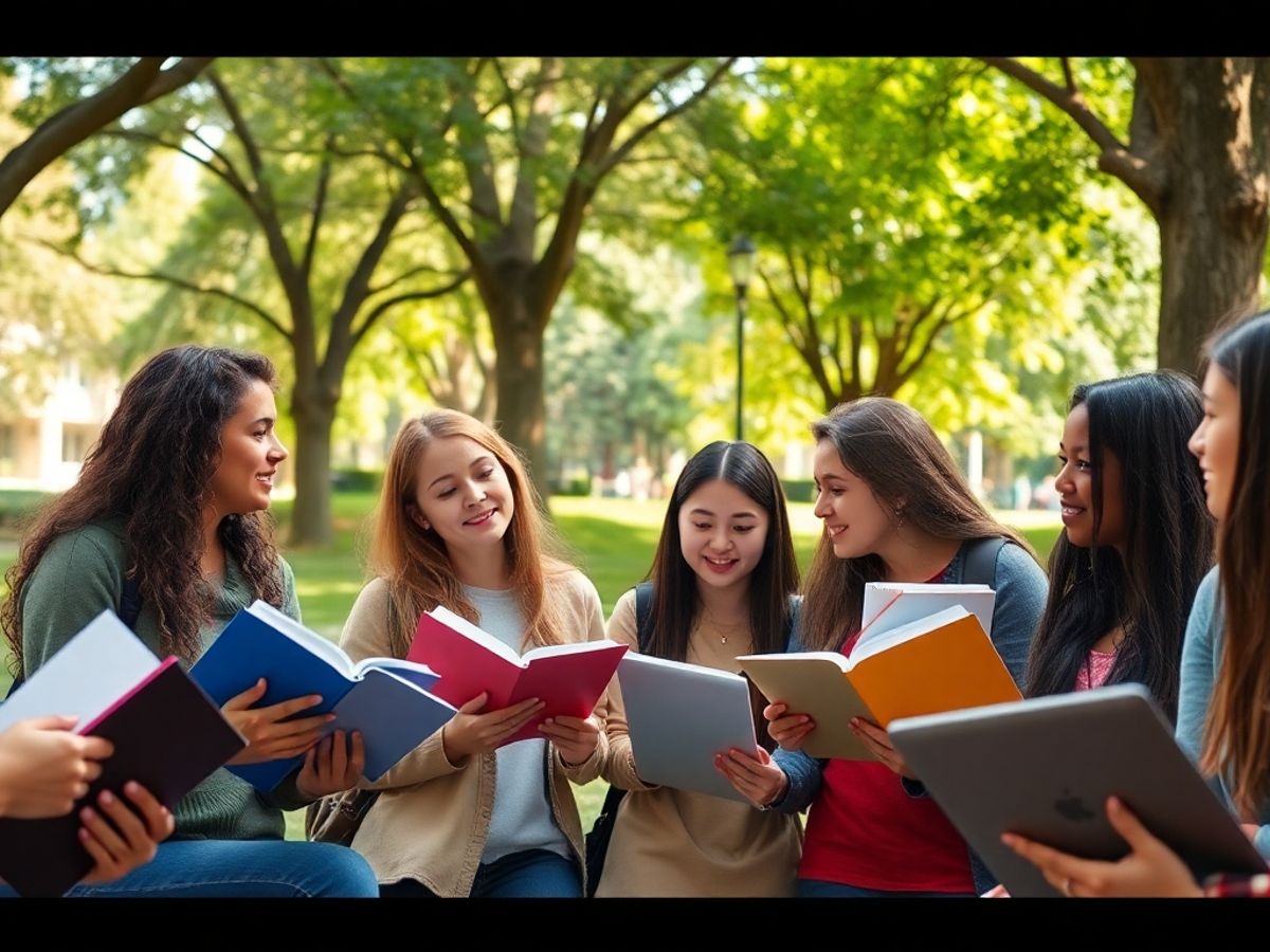 Diverse students discussing economics outdoors on a campus.