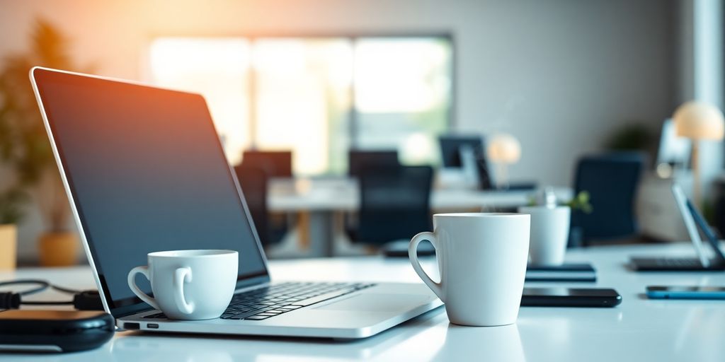 Laptop, coffee, and smart office tools.