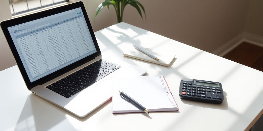 Organized desk with laptop, calculator, and notepad.