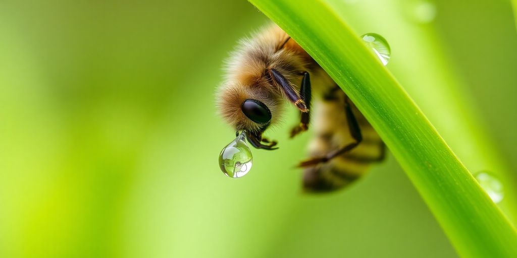 Nahaufnahme einer Biene, die Wasser von einem Blatt trinkt.