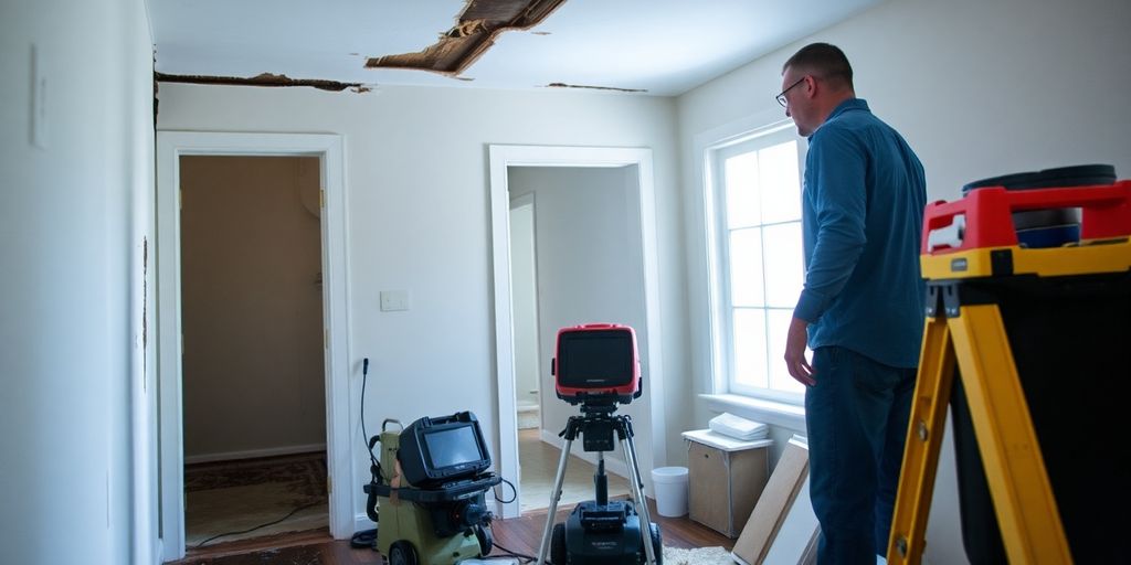 Technician inspecting water damage with restoration tools.