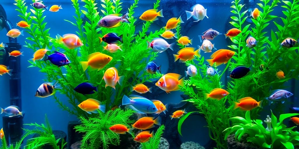 Colorful aquarium fish swimming among green plants and accessories.