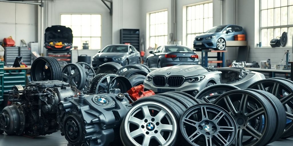 BMW car parts in a repair shop.