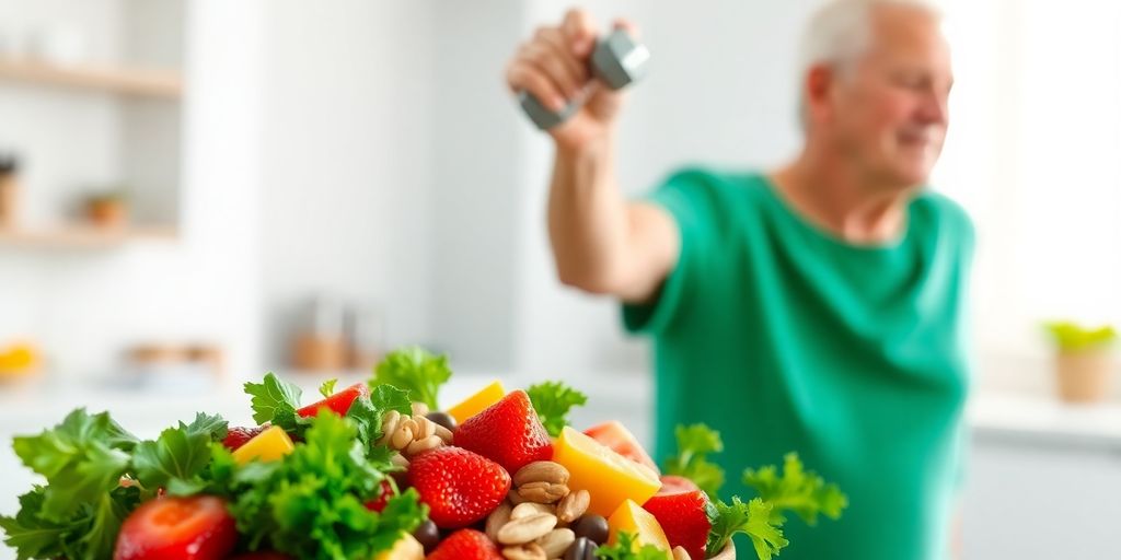 Older adult lifting weights, eating healthy.
